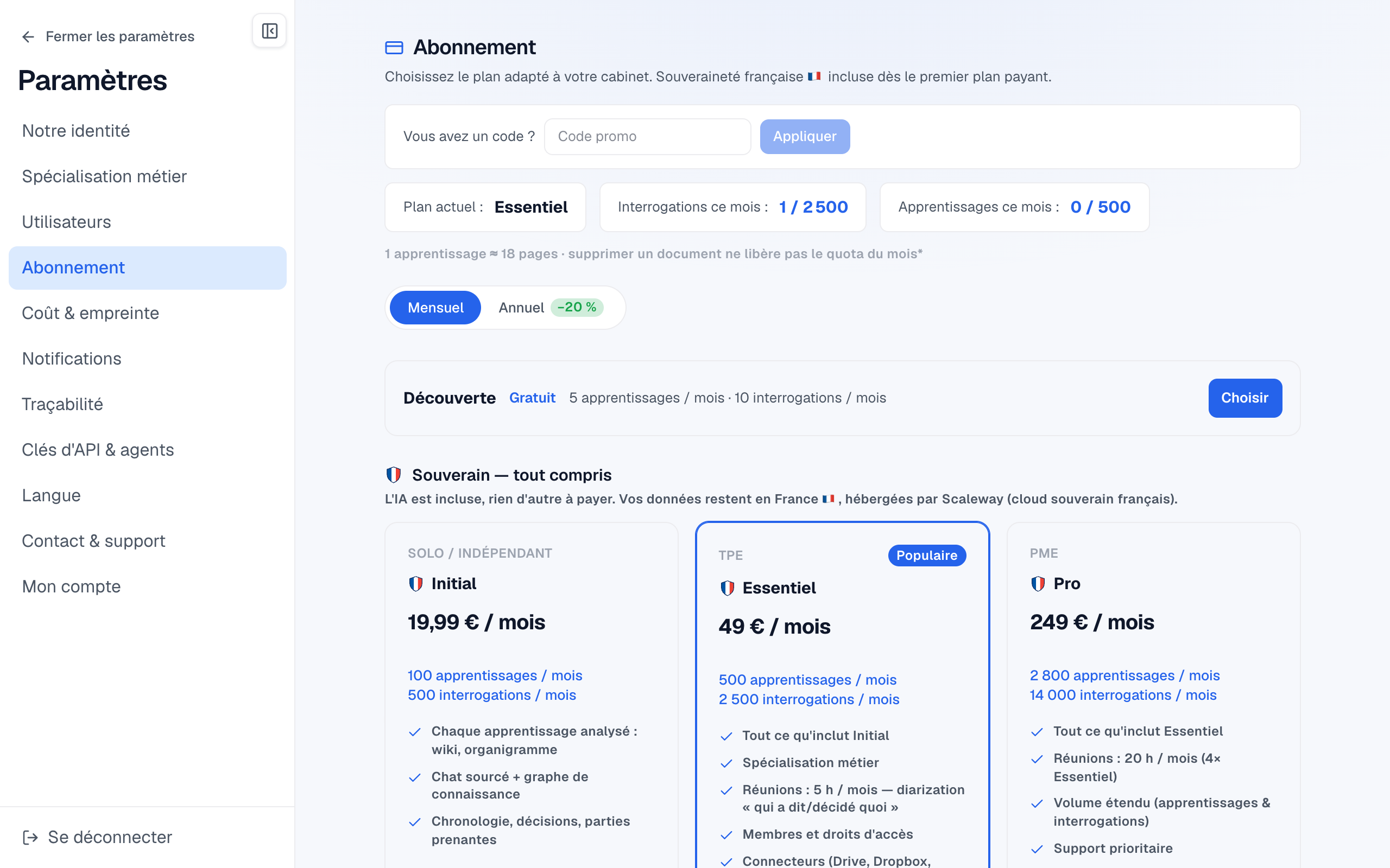 Paramètres › Abonnement : votre formule et vos compteurs du mois