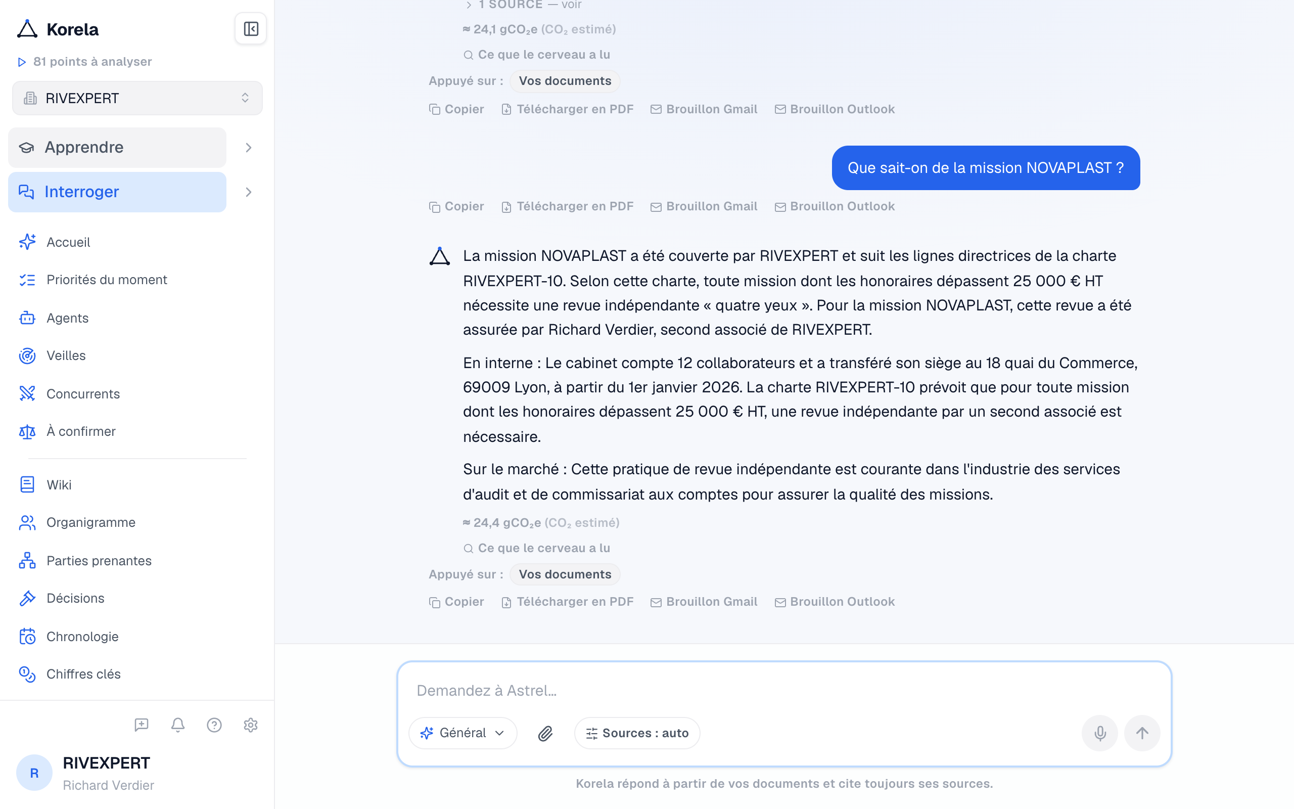 Le chat répond sur la charte RIVEXPERT-10 en citant ses sources