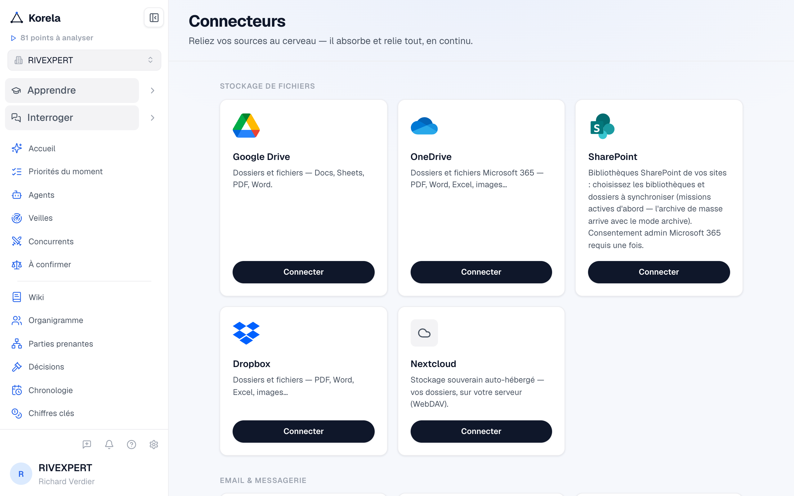La page Connecteurs : les sources à brancher