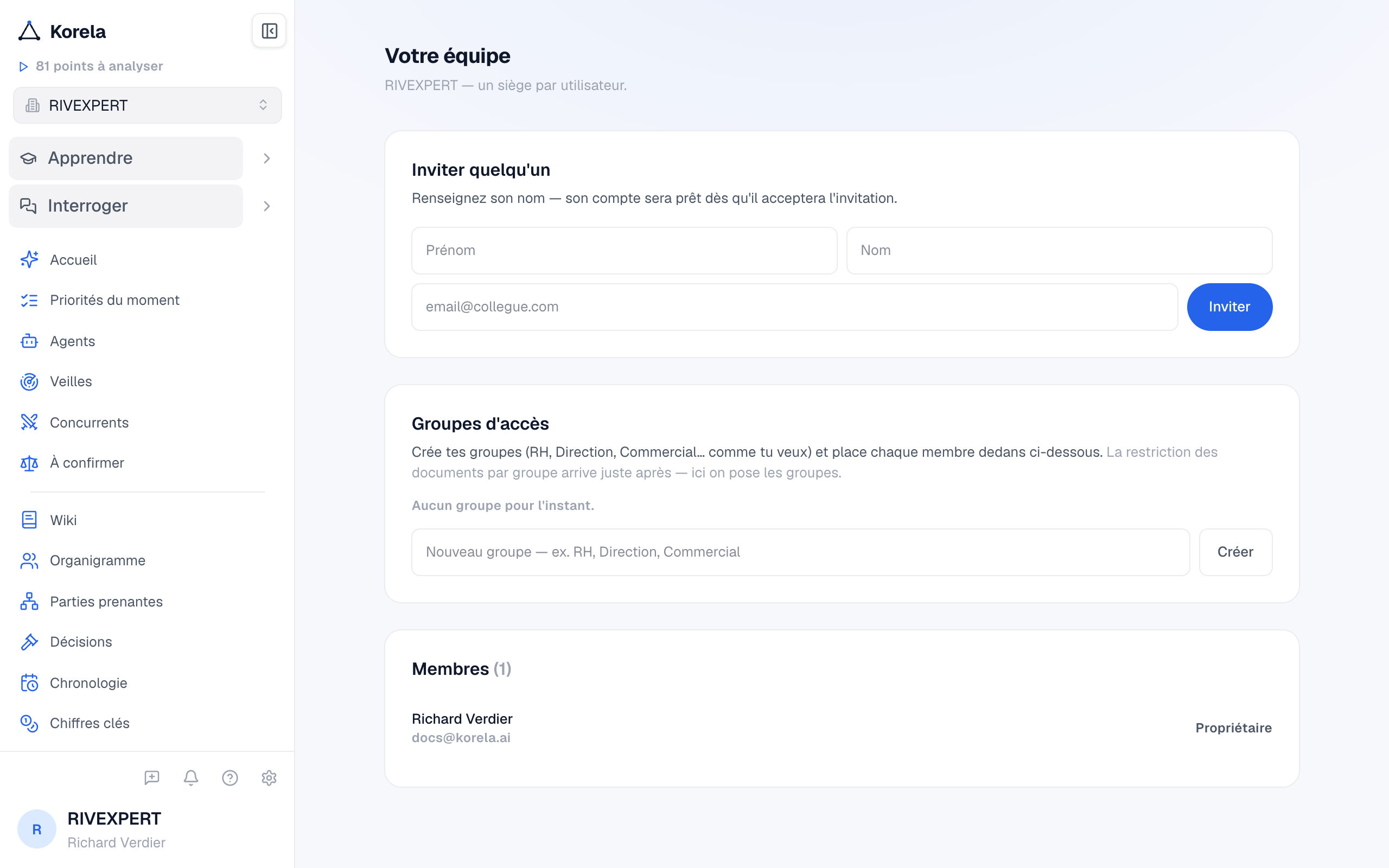 La page Votre équipe : invitations, membres et groupes d'accès