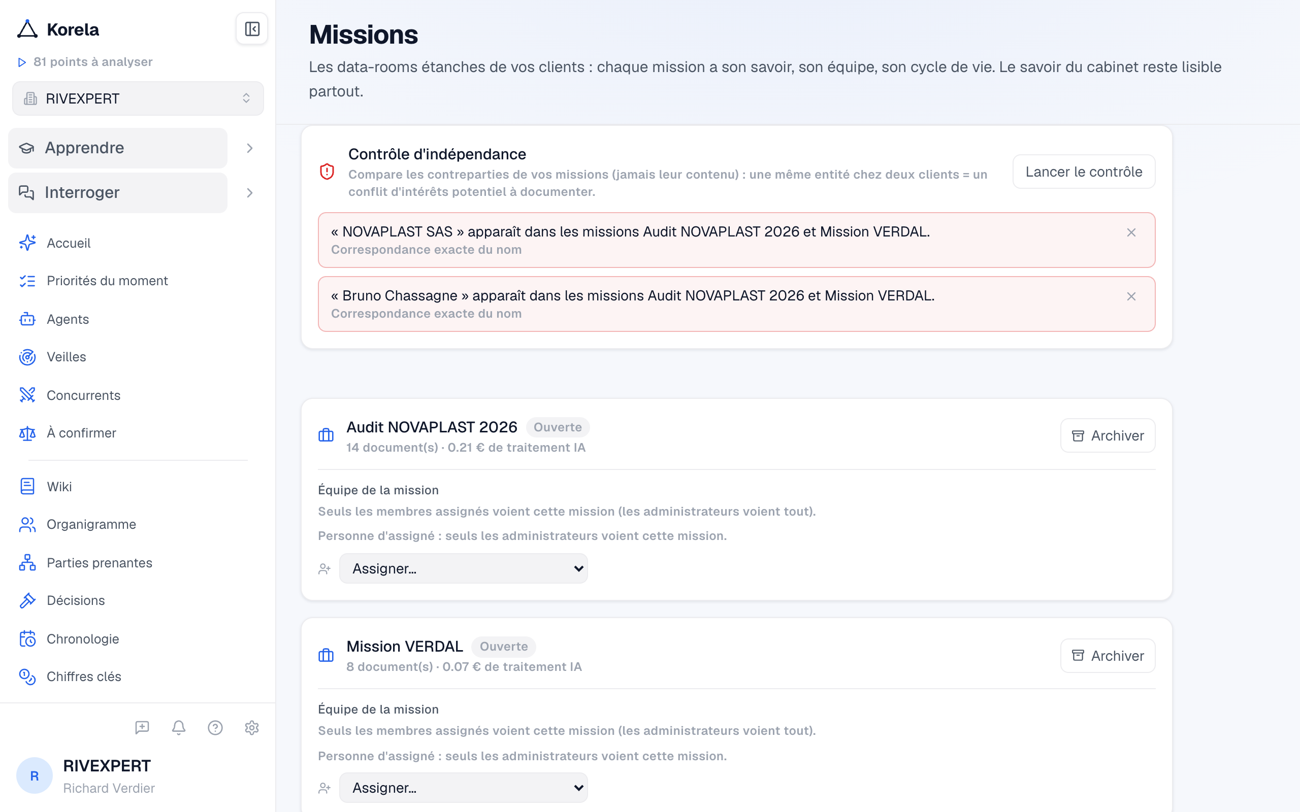 L'alerte : « NOVAPLAST SAS » apparaît dans les missions Audit NOVAPLAST 2026 et Mission VERDAL