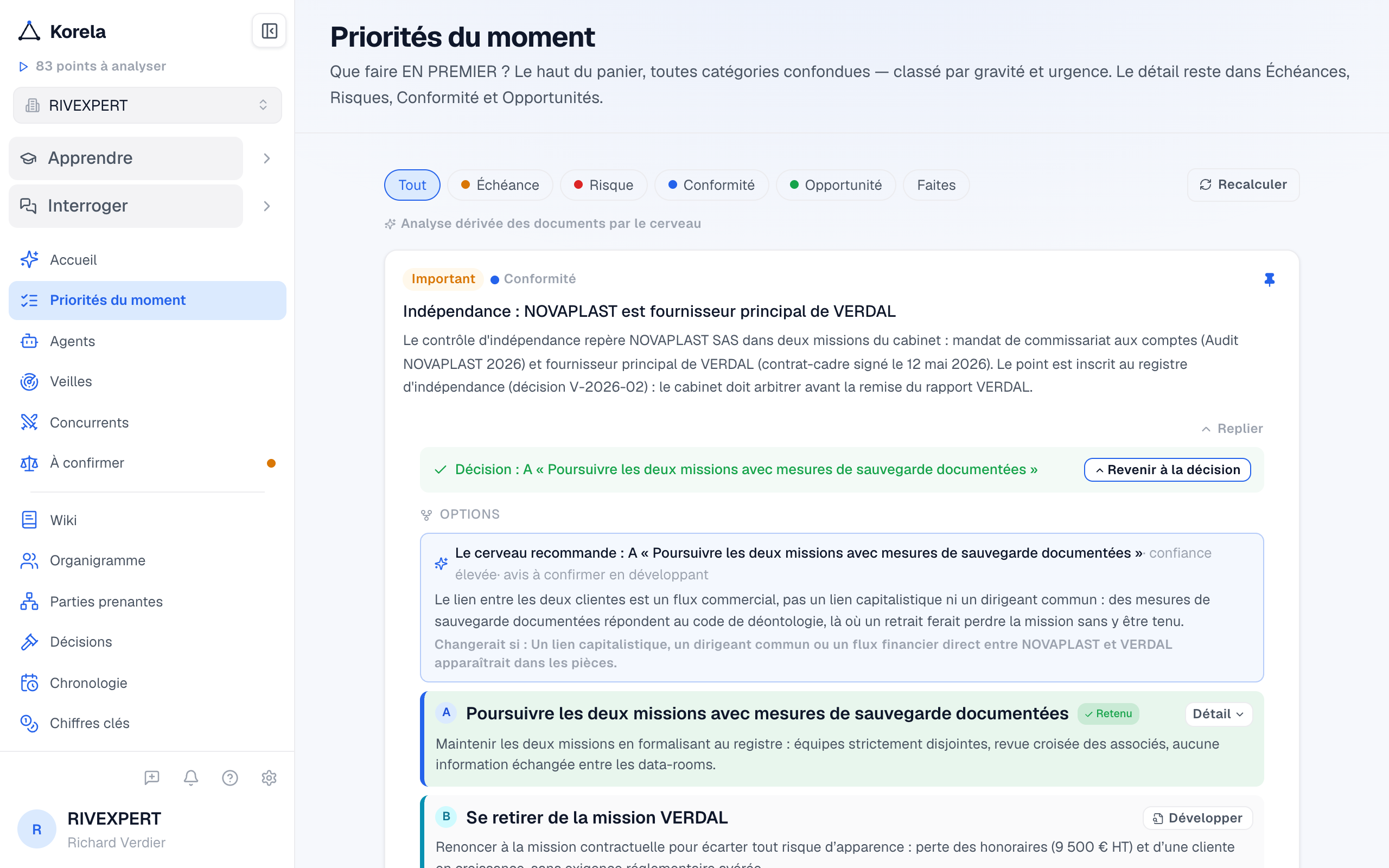 La carte de décision : trois options, une recommandation argumentée, le choix de l'associé