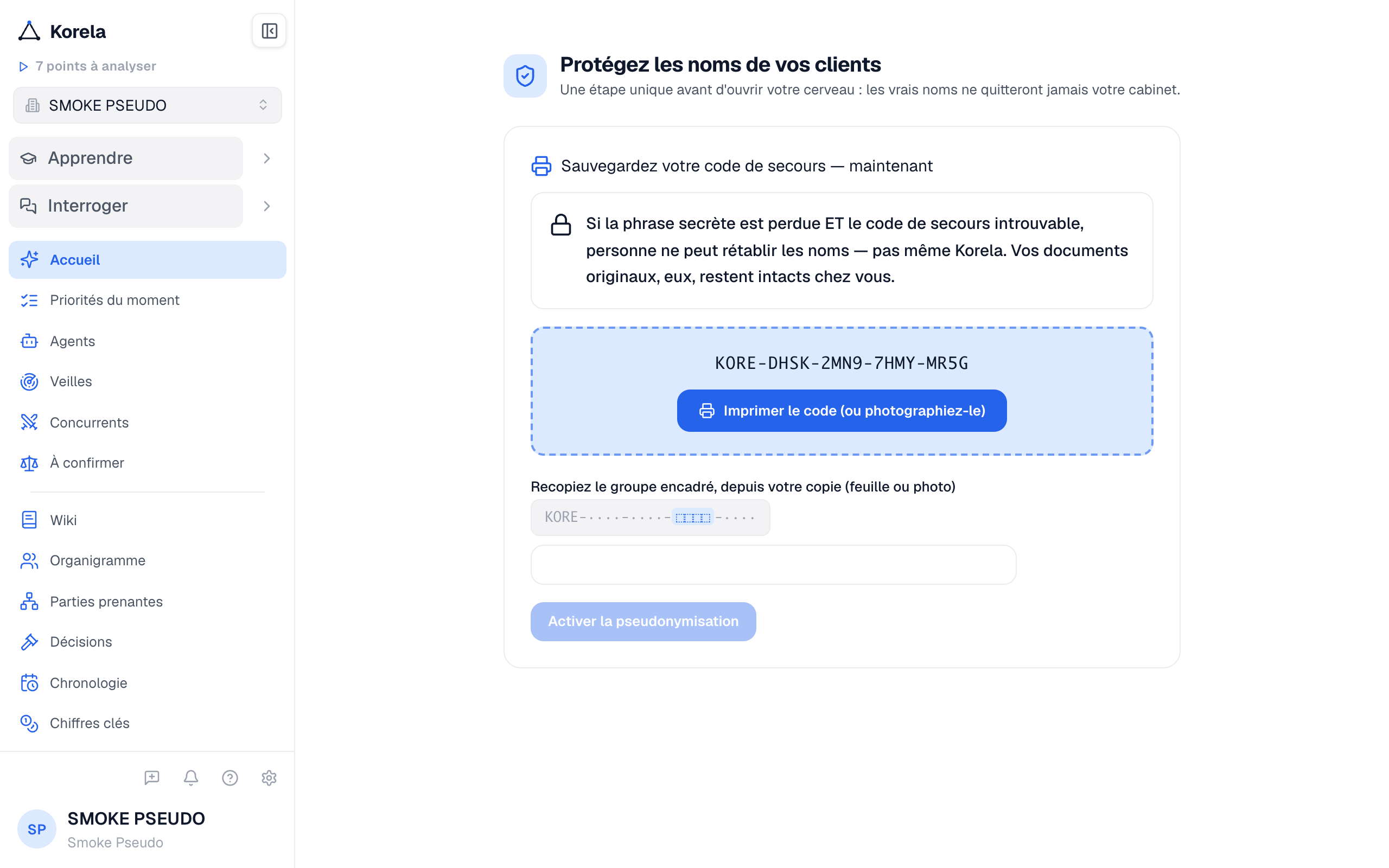 Le code de secours à photographier, puis recopier un groupe pour prouver qu'il est conservé