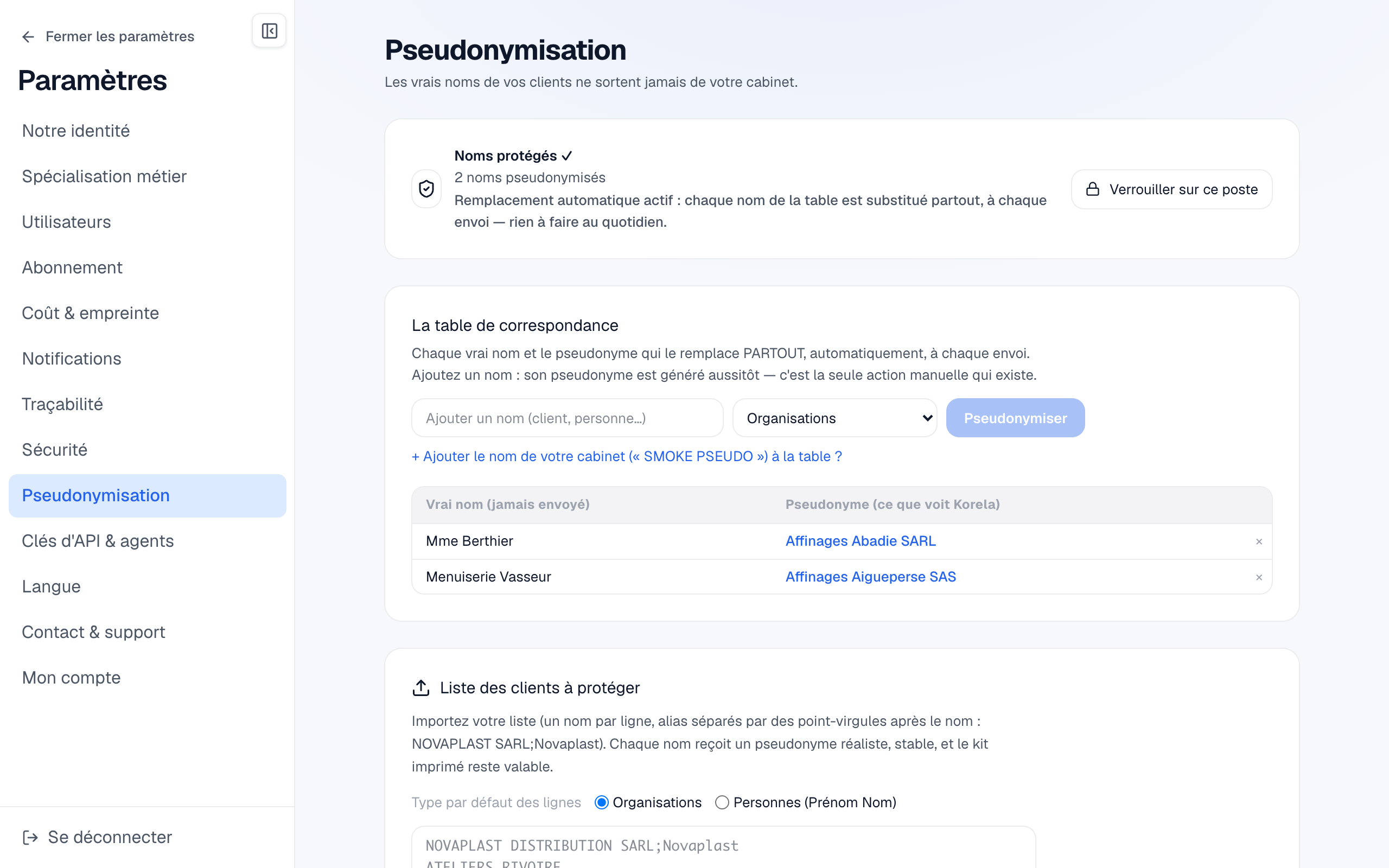 La table de correspondance : chaque vrai nom et le pseudonyme qui le remplace partout