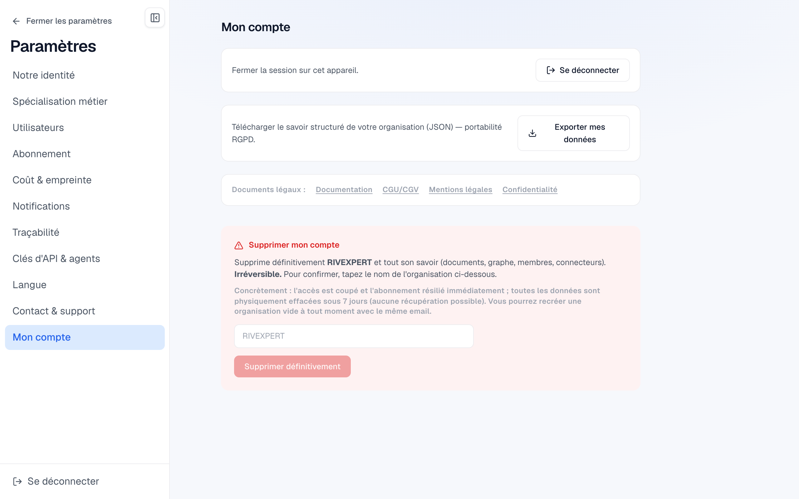 Paramètres › Mon compte : export des données et zone de suppression